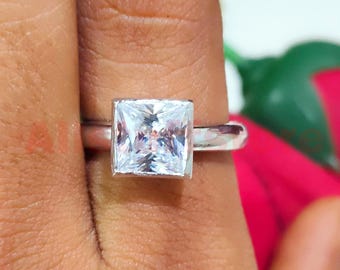 Solitaire Engagement Ring, 2.00 CT Princess Cut White Moissanite, 14K White Gold Finish