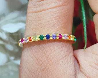 Full Eternity Wedding Band, Round Cut Multi Colour Diamond, 14k Yellow Gold Finish