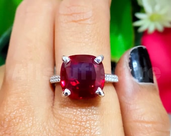Solitaire Engagement Ring, 3.00 CT Cushion Red Ruby Diamond, 14k White Gold Finish