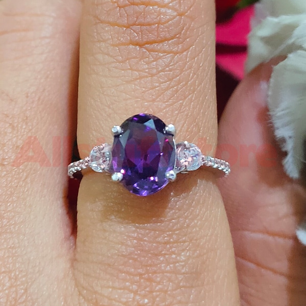 Three Stone Engagement Ring, 2.20 Ct Oval & Round Cut Purple Sapphire, Bridal Wedding Gift, 925 Sterling Silver, White Gold Finish