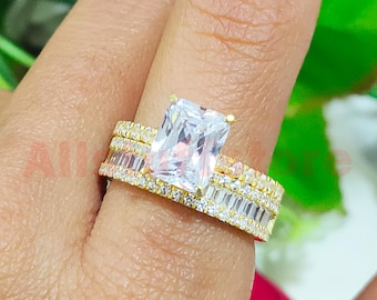 Bridal Set Wedding Ring, 3.20 CT Radiant Cut White Moissanite, 14k Yellow Gold Finish