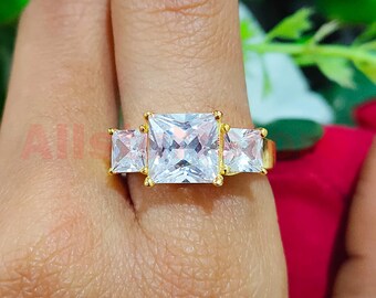Three Stone Engagement Ring, 3.50 CT Princess Cut White Moissanite, 14k Yellow Gold Finish