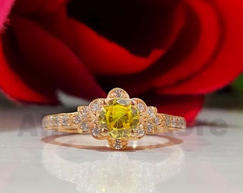 14K Rose Gold Finish, 1.50 CT Round Yellow Diamond, Flower Shape Halo Engagement Ring