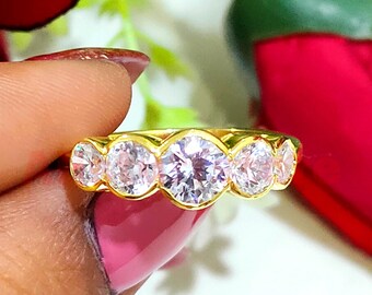 14k Yellow Gold Finish, 2 CT Round Cut White Moissanite, 5-Stone Engagement Ring