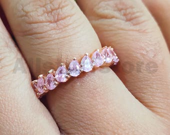 3.50 CT Pear Cut Pink Diamond, 14k Rose Gold Finish, Full Eternity Wedding Band Ring