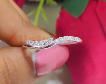 0.20 CT Round White Moissanite, 14k White Gold Finish, Half Eternity Curve Wedding Band