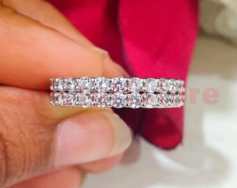 14k White Gold Finish, 1.20 CT Round Cut White Moissanite, Two Row Eternity Wedding Band