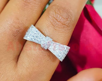0.80 CT Round Cut White Diamond, Bow Knot Engagement Ring, 14K White Gold Finish