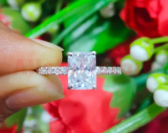 14K White Gold Finish, 2 CT Radiant White Moissanite, Solitaire Promise Engagement Ring