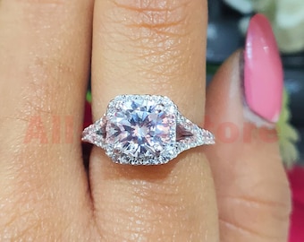 14k White Gold Finish, 2.30 CT Round White Moissanite, Halo Split Shank Engagement Ring