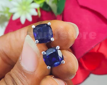 Solitaire Stud Wedding Earrings, 3.00 CT Cushion Cut Blue Diamond, 14K White Gold Finish