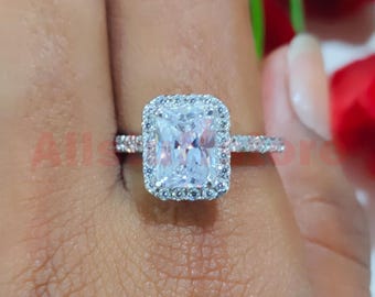 Halo Style Wedding Ring, 2.50 CT Radiant Cut White Moissanite, 14K White Gold Finish