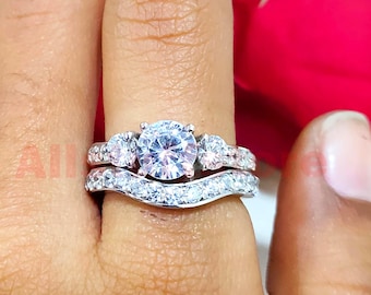 Bridal Set Engagement Ring, 2.50 CT Round Cut White Moissanite, 14k White Gold Finish
