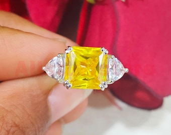 3.20 CT Princess Cut Yellow Diamond, Three Stone Engagement Ring, 14k White Gold Finish