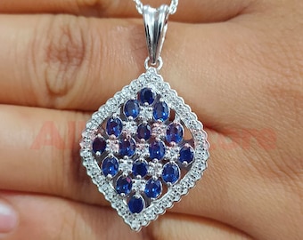 Blue Sapphire Cluster Pendant Necklace, Diamond Shape, Sterling Silver