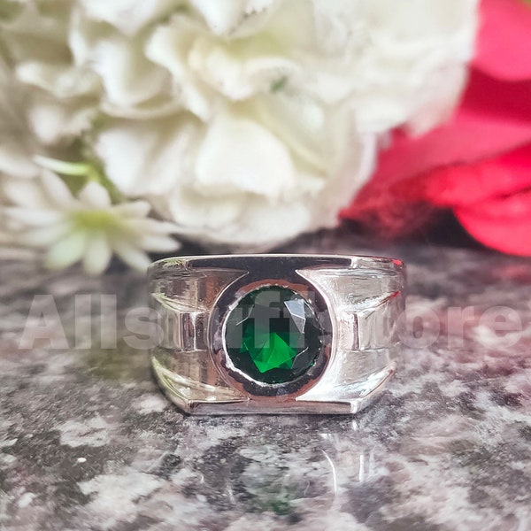 Men's Ring, 2 Carat Round Cut Green Sapphire, Solitaire Wedding Anniversary Band, Green Lantern Ring, 925 Sterling Silver, White Gold Finish