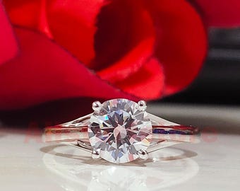2.00 CT Round Cut White Moissanite, Solitaire Engagement Ring, 14K White Gold Finish
