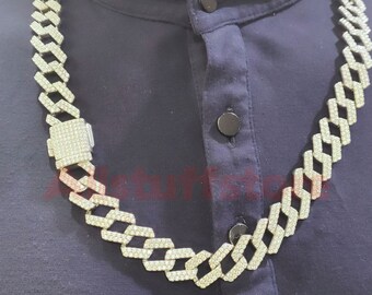 Iced Out Cuban Link Chain Necklace, Sapphire, Sterling Silver, Hip Hop Bling, 24 Inch