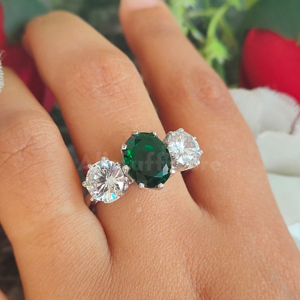 Three Stone Engagement Wedding Ring, 3.00 Ct Oval Cut Green & White Sapphire, White Gold Finish, Gift For Her, 925 Sterling Silver, Size N