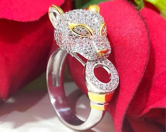 Panther Face Unisex Ring, 2.00 CT Round Cut White Diamond, 14K Two-Tone Gold Finish