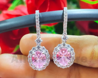 Pink Sapphire Halo Drop Earrings, Sterling Silver, Wedding Jewelry