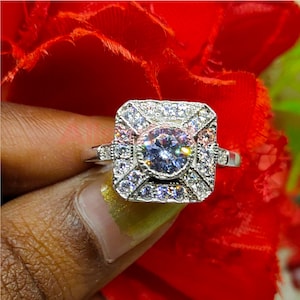 Vintage Art Deco Ring, Engagement Wedding Ring, Round Cut White Sapphire, 925 Sterling Silver, White Gold Finish, Brides Jewelry, Gift Ring