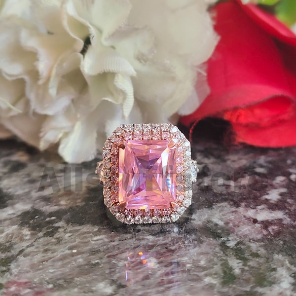 4 Ct Radiant Cut Pink Sapphire, Double Halo Wedding Engagement Ring, 925 Sterling Silver, White Gold Finish, Unique Jewelry Design For Women