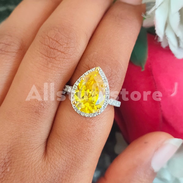 4.50 Carat Pear Cut Yellow Sapphire, Halo Wedding Engagement Ring, White Gold Finish, 925 Sterling Silver, Anniversary Gift, Women Jewelry