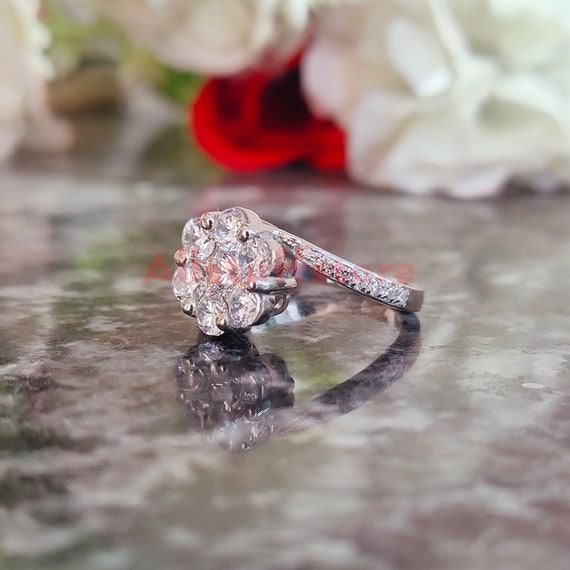 Flower Ring 2 Carat Round Cut White Sapphire 925 Sterling Silver