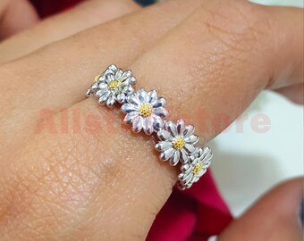 Sunflower Full Eternity Wedding Band Ring, 14K Two Tone Gold Finish, Promise Band