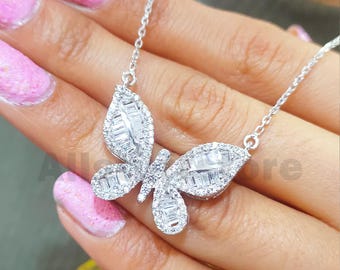 Butterfly Wedding Necklace, 3 CT Baguette White Diamond, 14k White Gold Finish, 18 Inches Chain