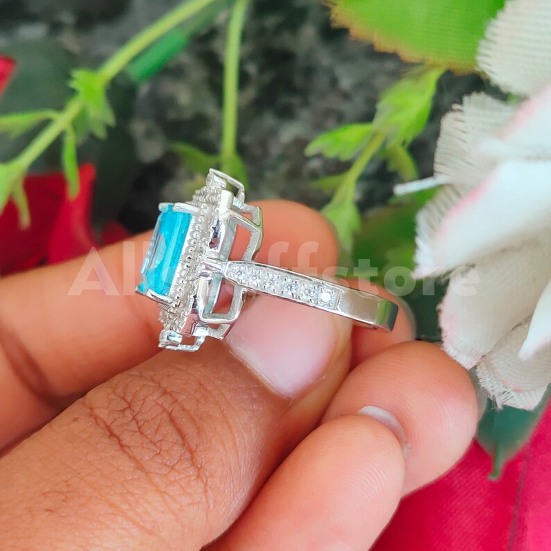 Vintage 3.50 Carat Emerald Cut Blue Aquamarine Sapphire, Halo Engagement Wedding Ring, 925 Sterling Silver, White Gold Finish, Gift for Her image 8