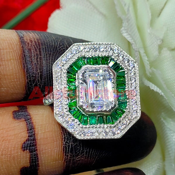 Vintage Art Deco Ring, 2.9Ct Emerald Cut White Sapphire, Double Halo Engagement Ring, 925 Sterling Silver, White Gold Finish, White Sapphire