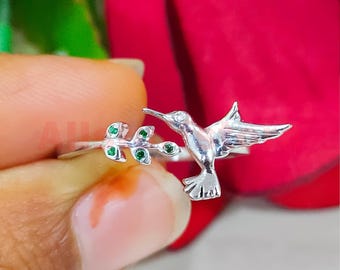 0.20 CT Round Green Diamond, Hummingbird Lover Adjustable Ring, 14K White Gold Finish