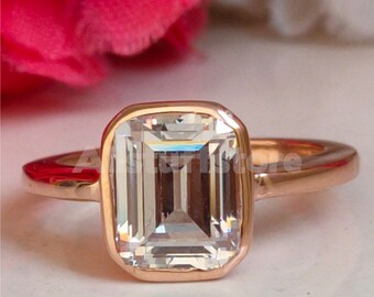 Bezel Set Engagement Wedding Ring, 2 Ct Emerald Cut White Sapphire, Solitaire Ring For Women, Rose Gold Finish, 925 Sterling Silver, Size N
