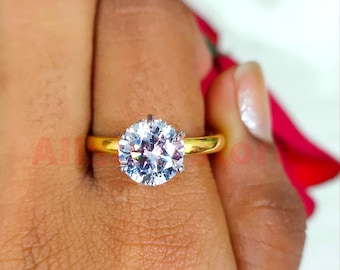 14K Two Tone Gold Finish, 2.00 CT Round Cut White Moissanite, Solitaire Wedding Ring