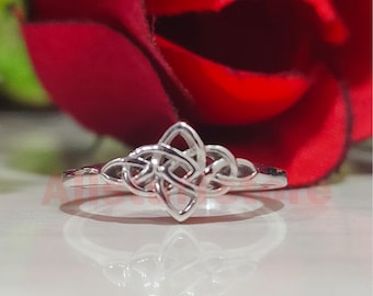 Vintage Celtic Knot Ring, Unique Statement Anniversary Band Ring, 14K White Gold Finish