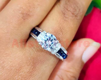 Vintage Engagement Ring, 2.60 CT Round White & Blue Moissanite, 14K White Gold Finish