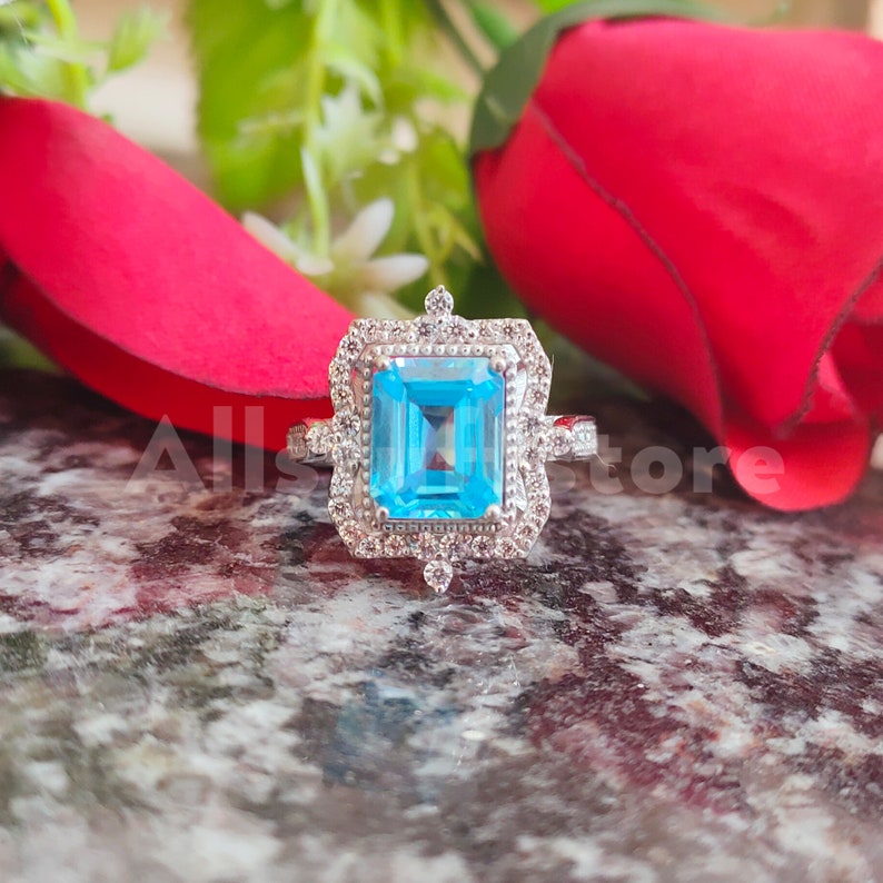 Vintage 3.50 Carat Emerald Cut Blue Aquamarine Sapphire, Halo Engagement Wedding Ring, 925 Sterling Silver, White Gold Finish, Gift for Her image 4