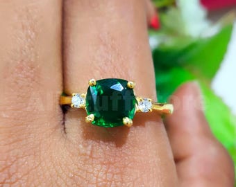 2 CT Cushion Green & White Diamond, 14K Yellow Gold Finish, Three Stone Engagement Ring