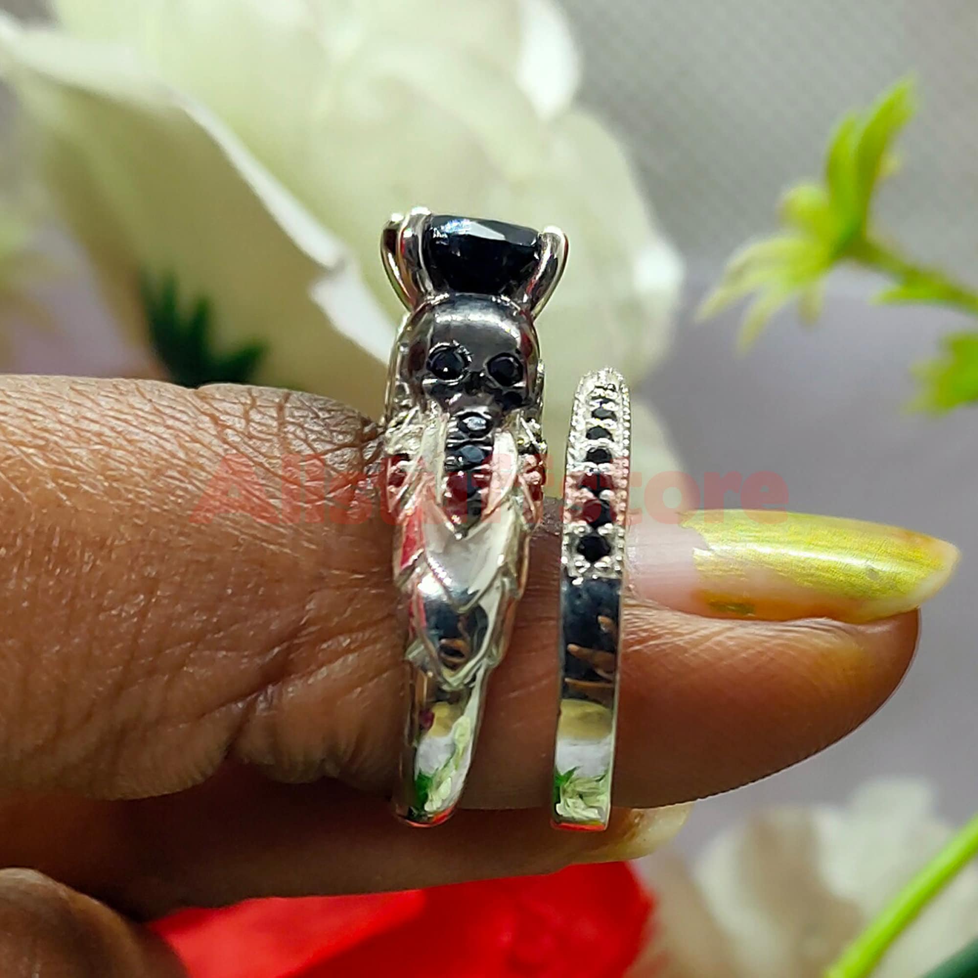 Gothic Skull Engagement Wedding Ring Set, 2.15 Ct Round Cut