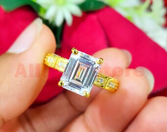2.50 CT Emerald Cut White Moissanite, Art Deco Engagement Ring, 14K Yellow Gold Finish