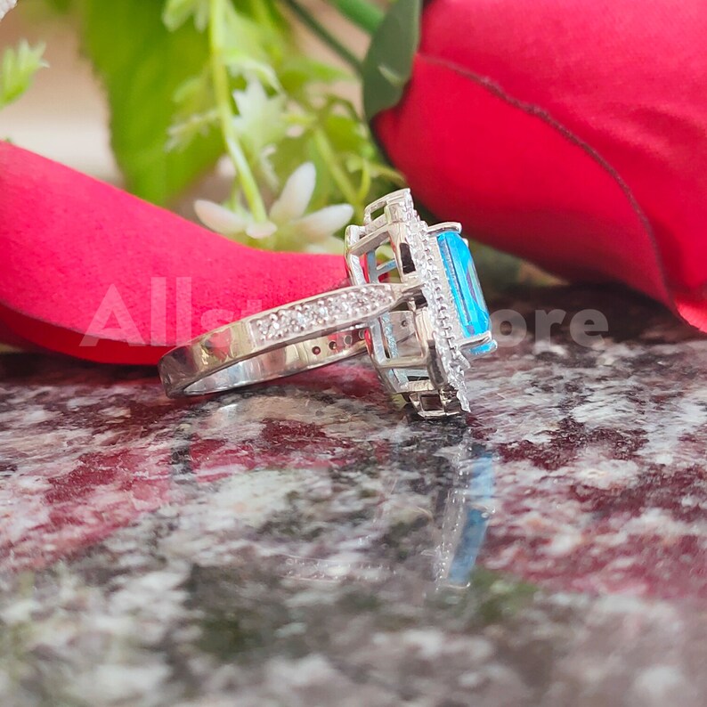 Vintage 3.50 Carat Emerald Cut Blue Aquamarine Sapphire, Halo Engagement Wedding Ring, 925 Sterling Silver, White Gold Finish, Gift for Her image 7