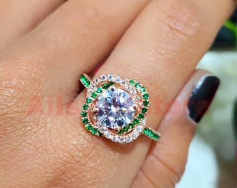 2.50 CT Round Cut White Moissanite, Art Deco Crossover Wedding Ring, 14k Rose Gold Finish