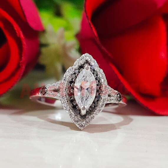Double Halo Wedding Ring 2.50 Ct Marquise Cut Black White