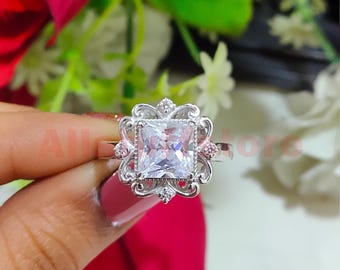2.60 Ct Princess White Moissanite, Art Deco Engagement Ring, 14k White Gold Finish