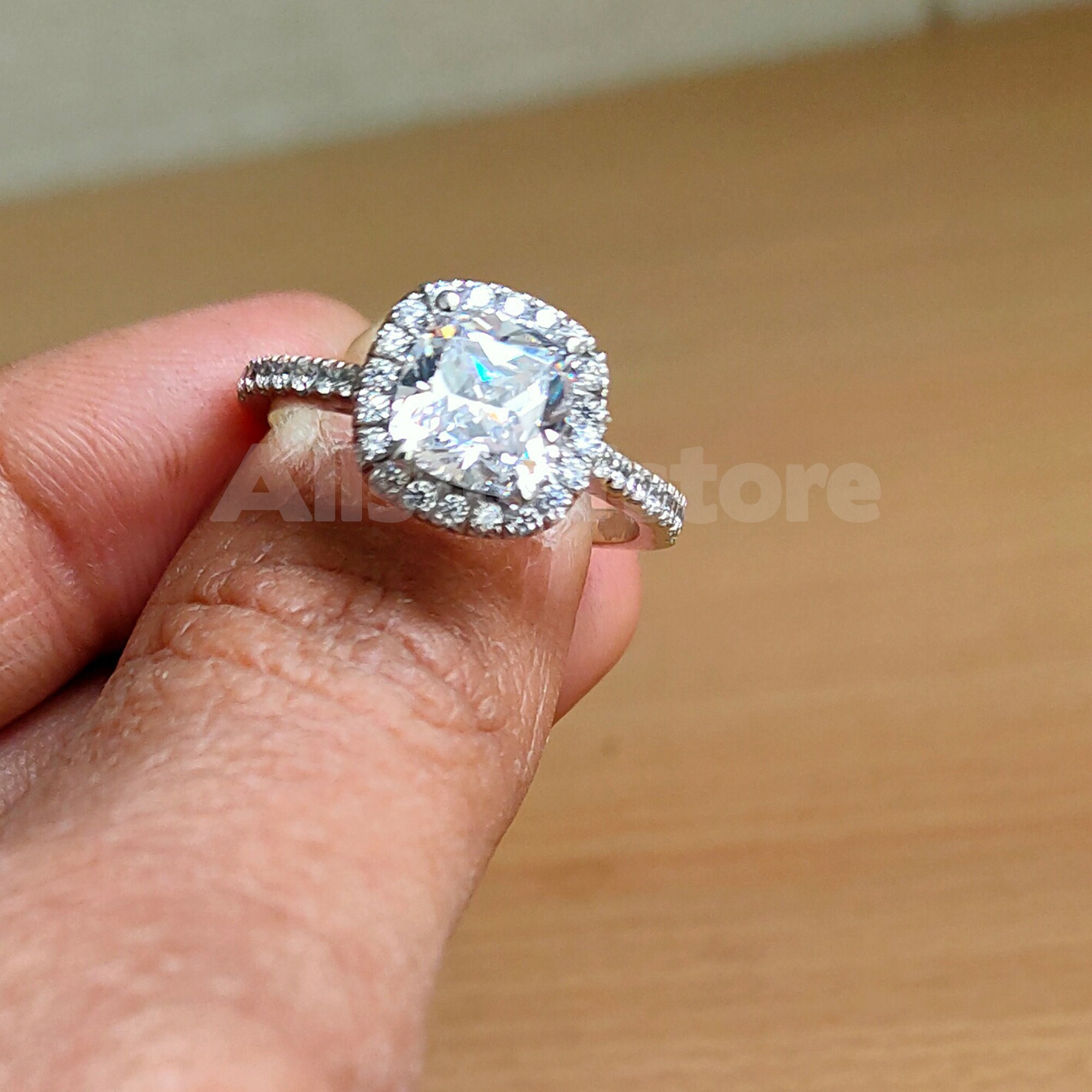 Wedding Engagement Ring, Cushion Cut 2.10 Ct White Sapphire, 925 Sterling Silver, Halo Ring, White Gold Finish, Anniversary Ring, Size I-T