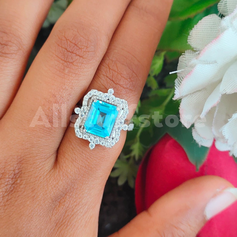 Vintage 3.50 Carat Emerald Cut Blue Aquamarine Sapphire, Halo Engagement Wedding Ring, 925 Sterling Silver, White Gold Finish, Gift for Her image 3