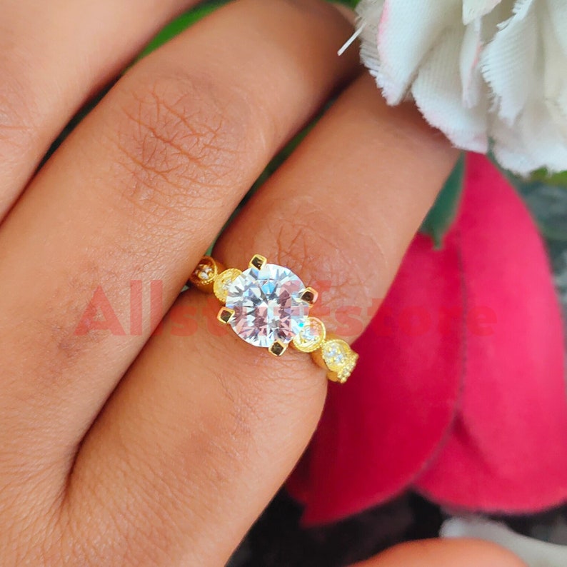 Vintage 2 Ct Round Cut White Moissanite, Solitaire Wedding Engagement Ring, Yellow Gold Finish, 4-Prong Set, Gift For Her, Sterling Silver image 1