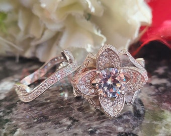 Lotus Flower Ring Set, Bridal Set, 2.40 Carat Round Cut White Sapphire, Engagement Wedding Ring Set, 925 Sterling Silver, White Gold Finish